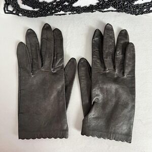 Vintage Van Raalte Leather Gloves Womens 7.5 Brown Dress‎ Scalloped 80s 90s